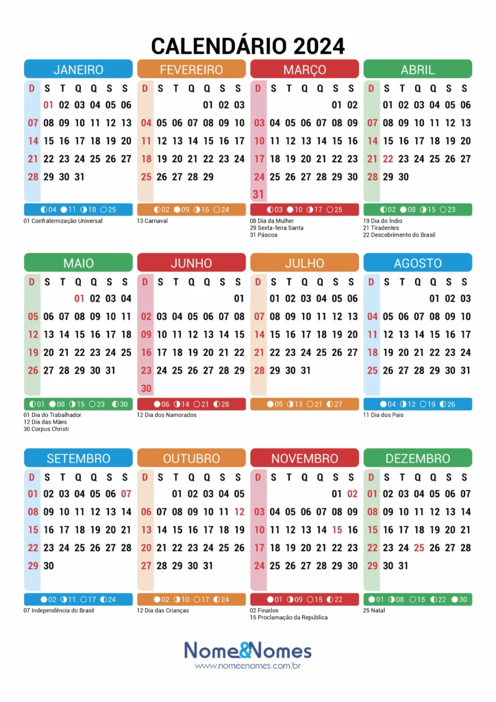 Calendário 2024 com feriados e fases da lua Nome & Nomes