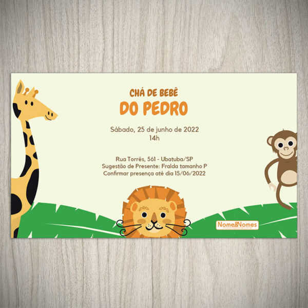 Convite chá de bebê ou fraldas com o tema selva para menino