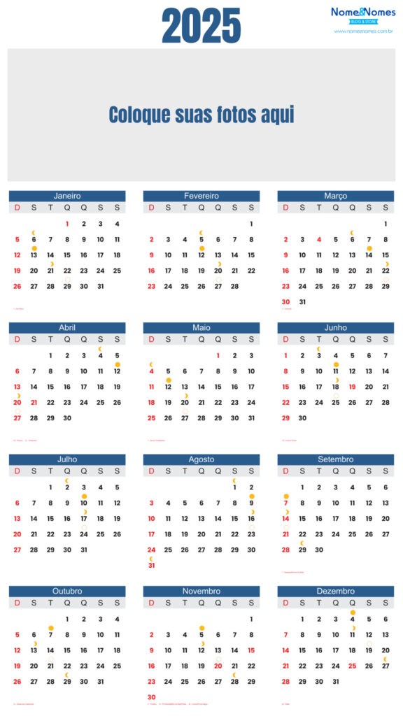 calendario 2025 com fazes da lua e feriados