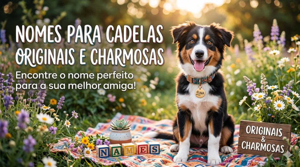 Cadela de pelagem clara sentada olhando para a foto, ilustrando ideias de nomes de cadelas originais.